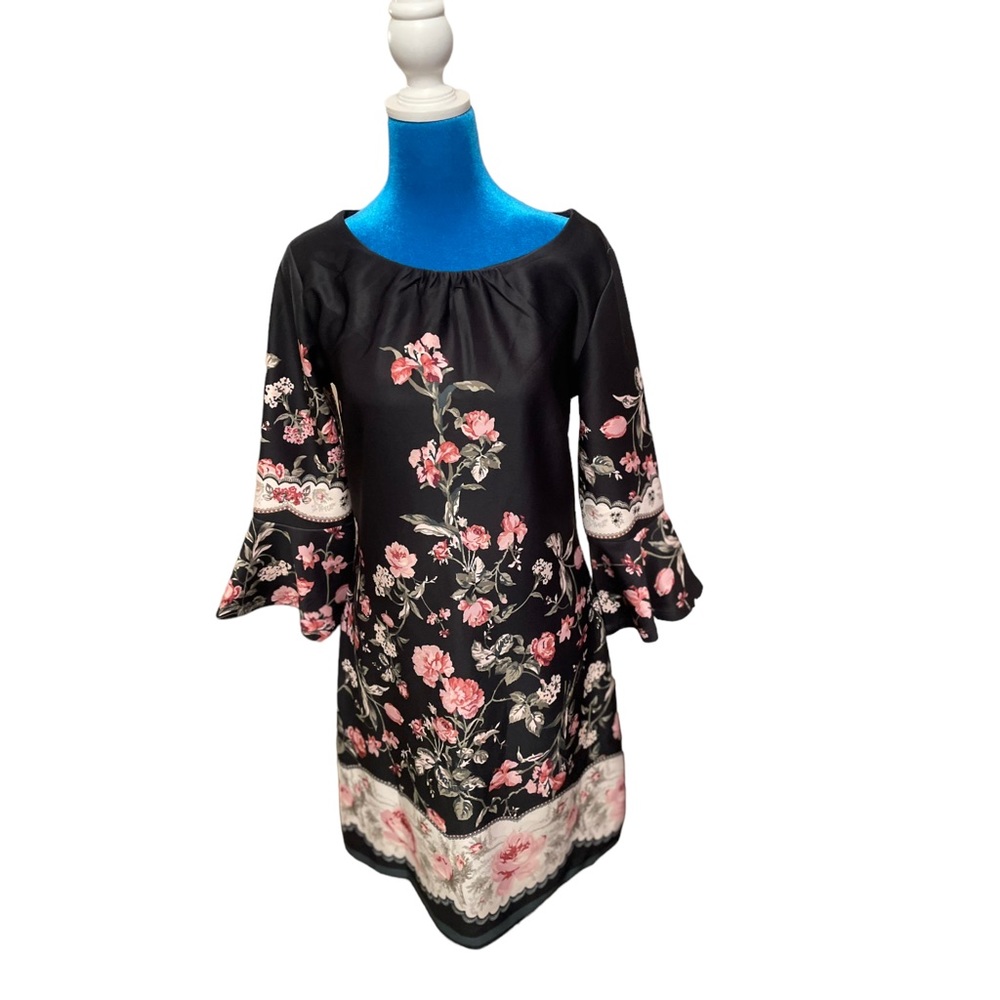 New York company black floral dress bell sleeves back zipper size medium